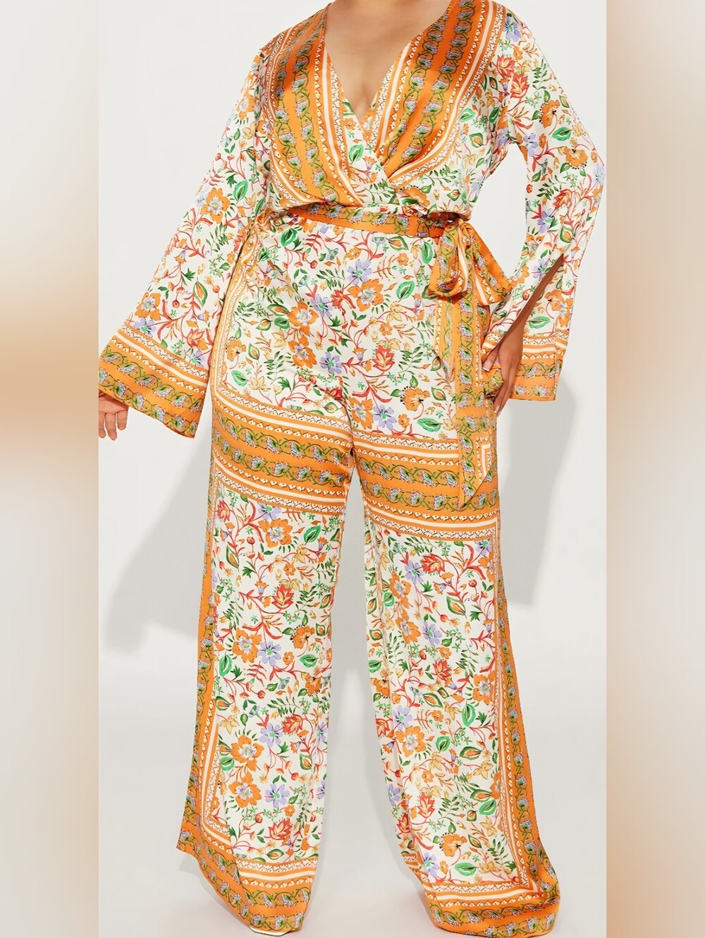 NWT Fashion Nova Jumpsuit Large/ Long Sleeve Resort Coastal Orange Boho Vacation